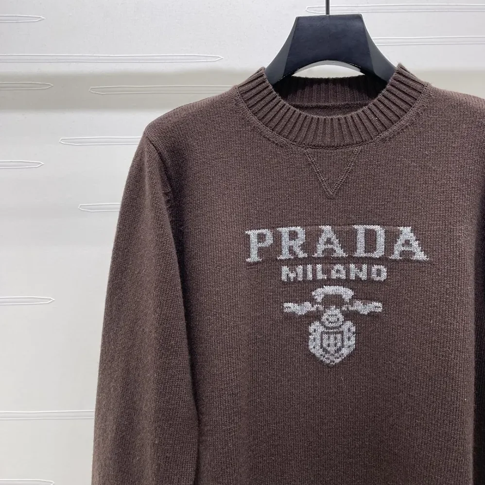 Prada Cashmere And Wool Prada Logo Crew-Neck Sweater for Men in Dark Brown