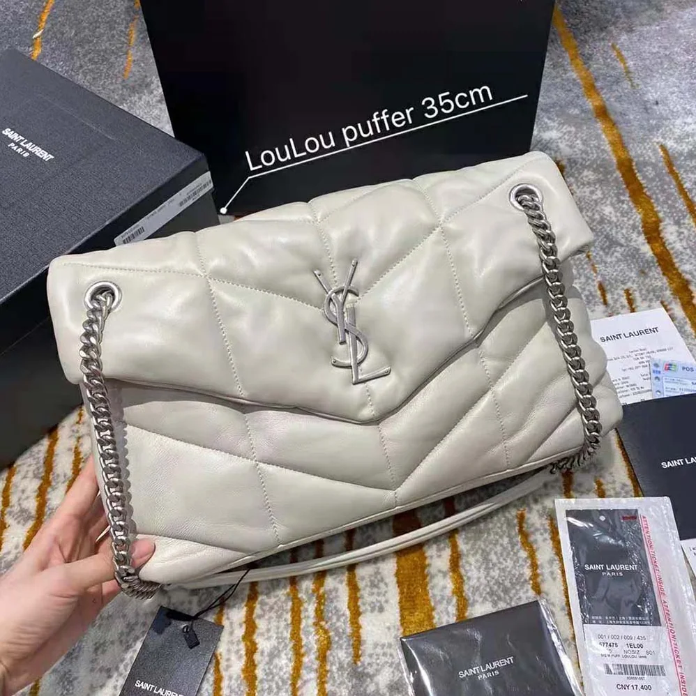 Saint Laurent YSL Puffer Medium Bag in Quilted Lambskin for Women in White Saint Laurent YSL Puffer Medium Bag in Quilted Lambskin for Women in White
