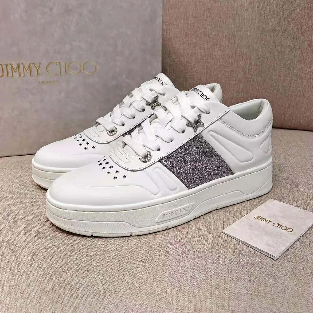 Jimmy Choo Hawaii/f White Calf Leather Lace-Up Trainers with Glitter Stripe for Women Jimmy Choo Hawaii/f White Calf Leather Lace-Up Trainers with Glitter Stripe for Women