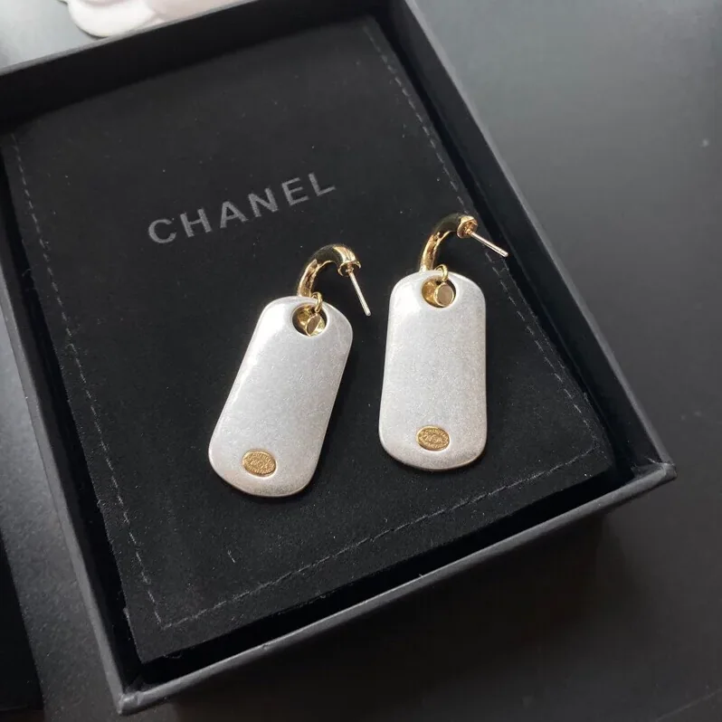Chanel Dangling Big Tag Earrings Gold Tone