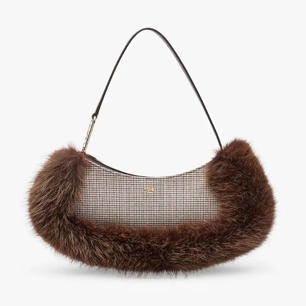 Fendi O'Lock Swing Brown Houndstooth Wool and Fox Fur Pouch for Women Fendi O'Lock Swing Brown Houndstooth Wool and Fox Fur Pouch for Women