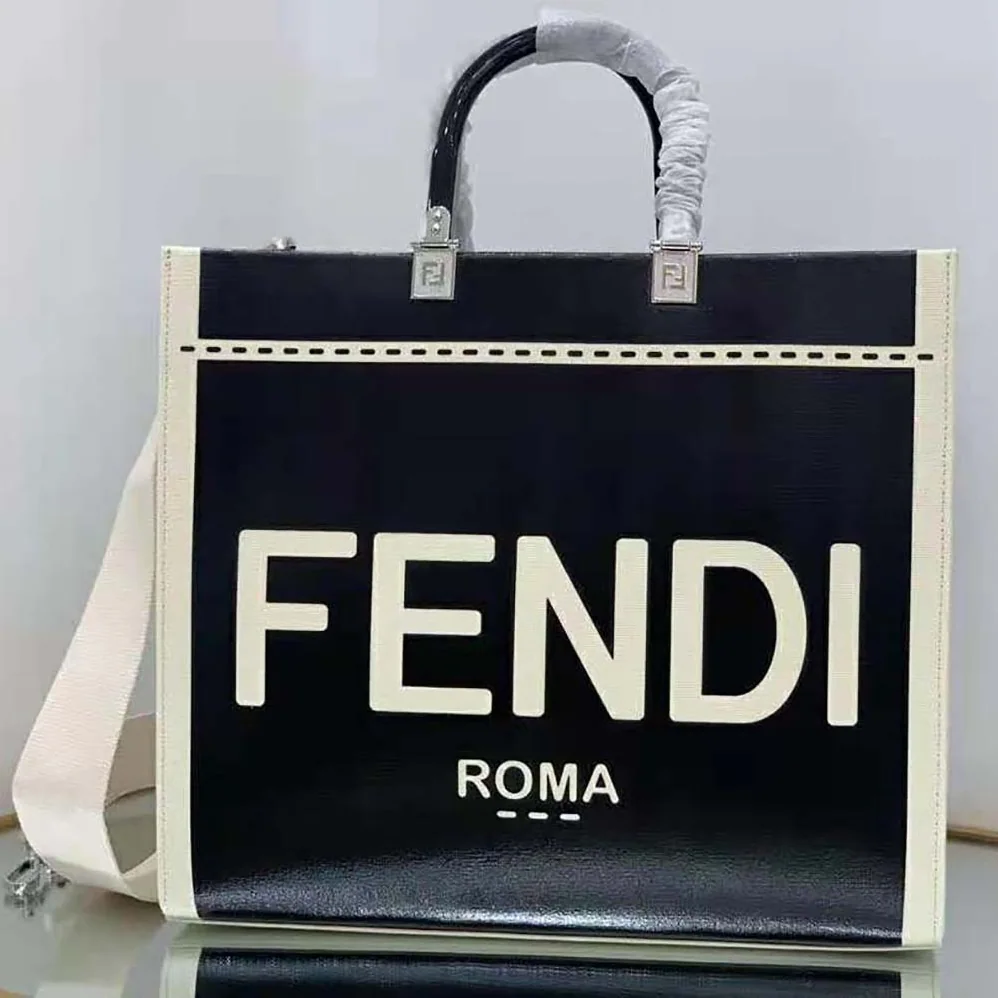 Fendi Sunshine Medium Canvas and Black Patent Leather Shopper Bag for Women Fendi Sunshine Medium Canvas and Black Patent Leather Shopper Bag for Women
