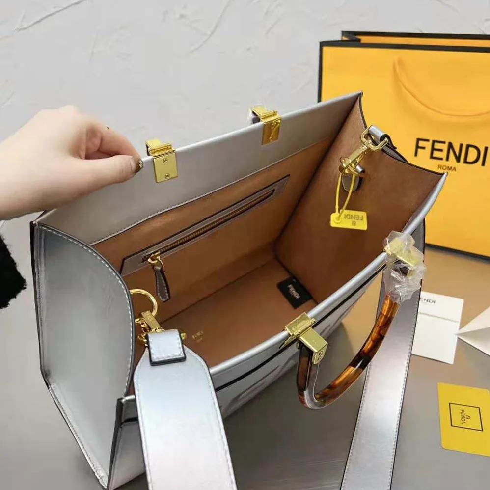 Fendi Fendi Sunshine Medium Silver Laminated Leather Shopper for Women