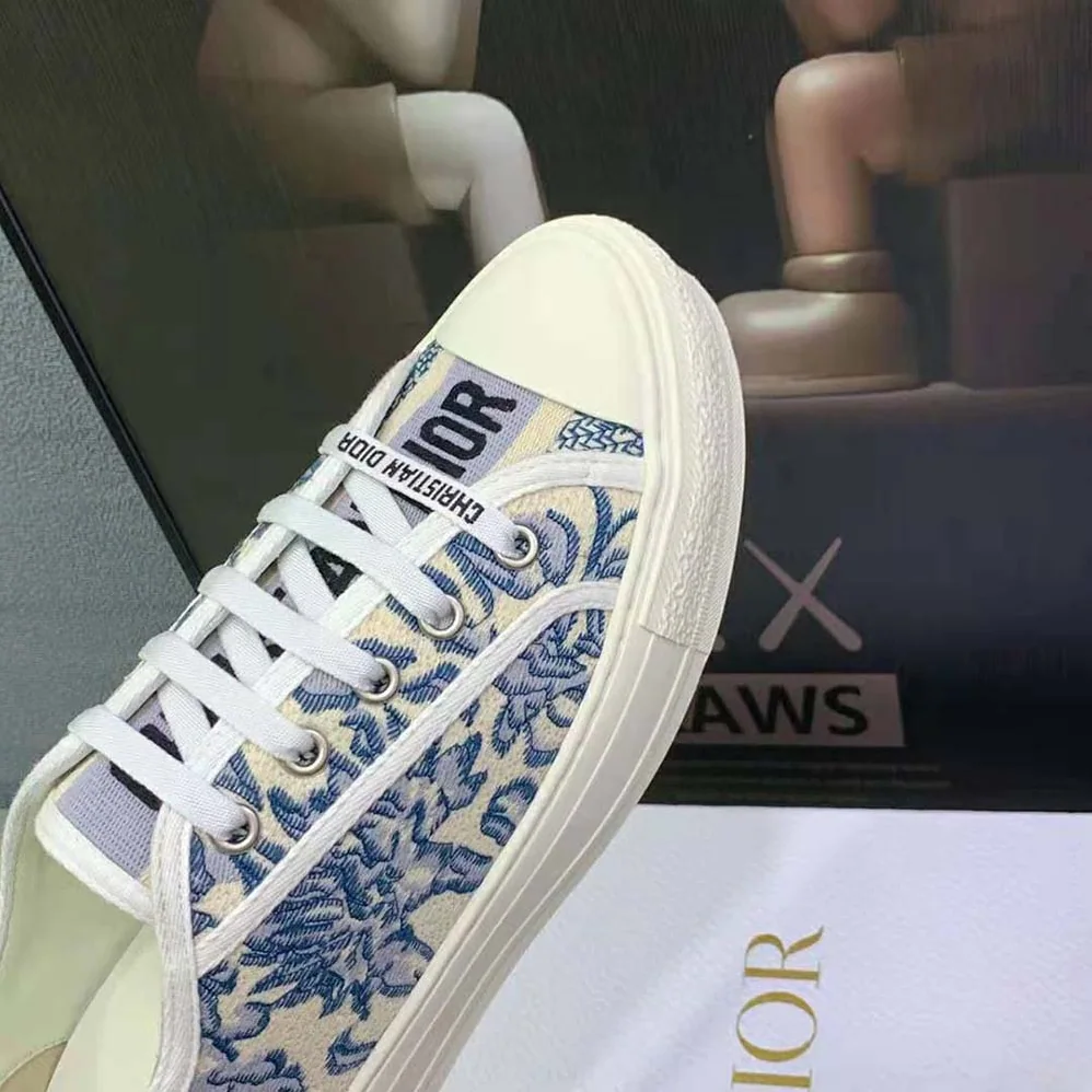 Dior Walk'N'Dior Sneaker Duck Blue Dior Brocart Embroidered Cotton with Gold for Women in Tone Metallic Thread