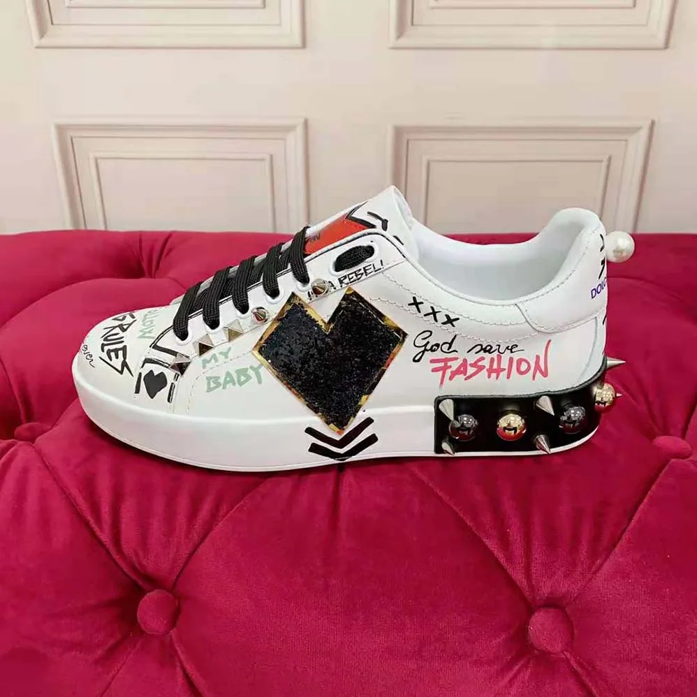 Dolce Gabbana D&G Printed Calfskin Portofino Sneakers with Patch for Unisex