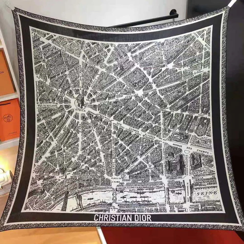 Dior Plan De Paris 90 Square Scarf White and Black Silk Twill for Women