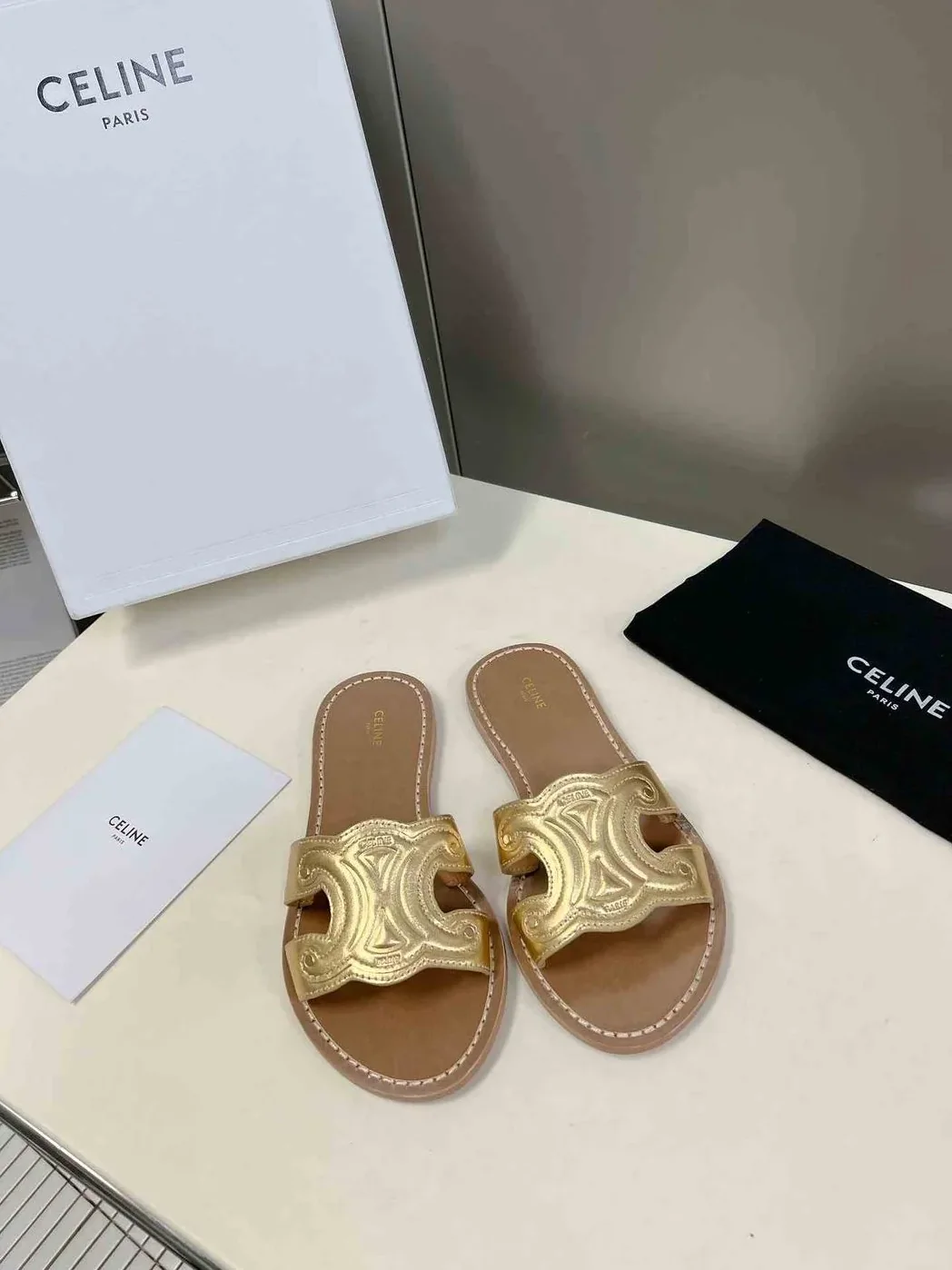 Celine Triomphe Mule In Metalized Gole Tone