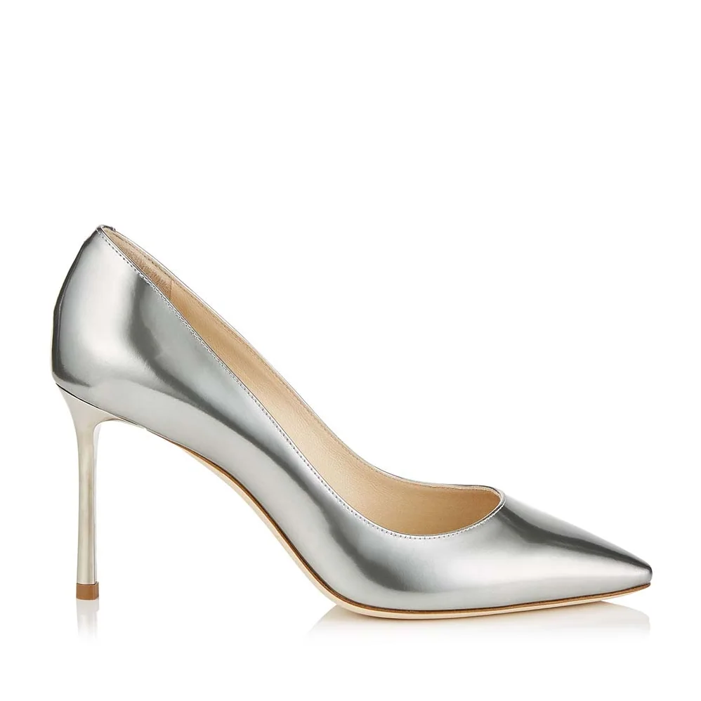 Jimmy Choo Shoes Romy 85 Silver Liquid Mirror Leather Pointy Toe Pumps for Women