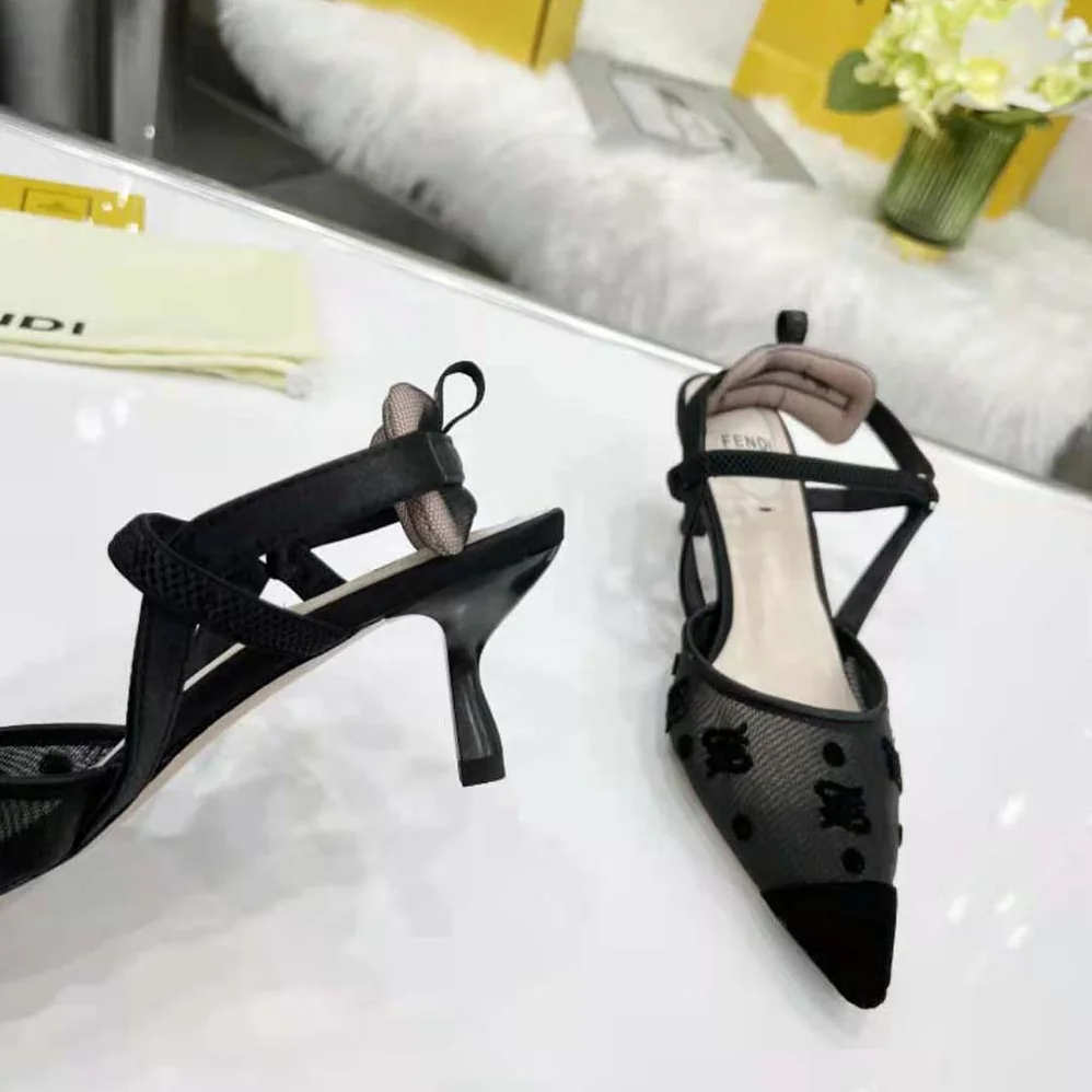 Fendi Colibri Lite Black mesh and FF Karligraphy Medium for Women in Heel Slingbacks
