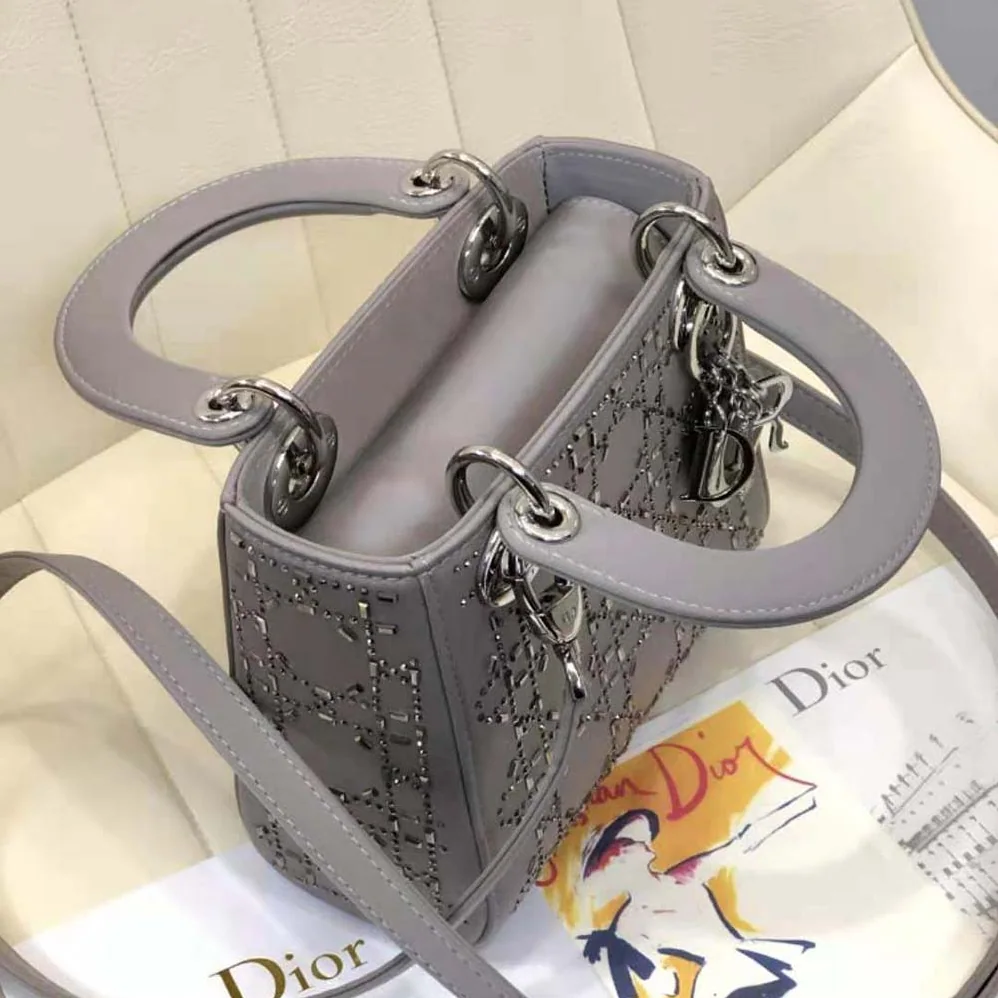 Dior Mini Lady Dior Bag Gray Strass Cannage Satin for Women