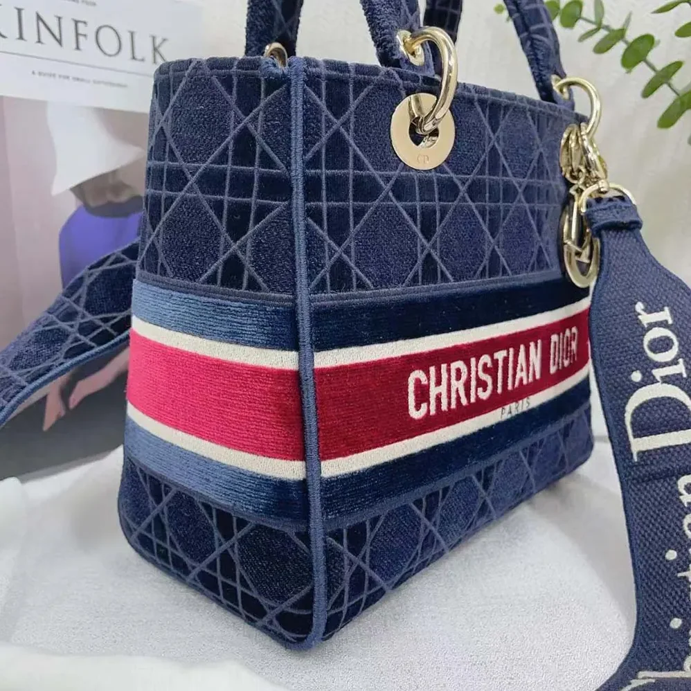 Dior Medium Lady D-lite Bag Blue Velvet Cannage Embroidery for Women Dior Medium Lady D-lite Bag Blue Velvet Cannage Embroidery for Women