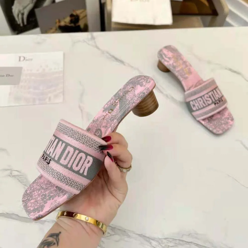 Dior Dway heeled Slide Gray and Pink Embroidered Cotton with Toile de Jouy Reverse Motif for Women