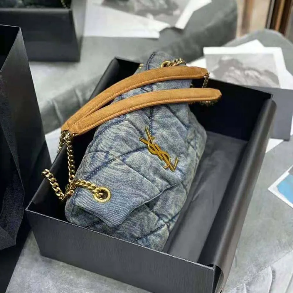 Saint Laurent YSL Puffer Small Bag in Quilted Vintage Denim and Suede for Women Saint Laurent YSL Puffer Small Bag in Quilted Vintage Denim and Suede for Women