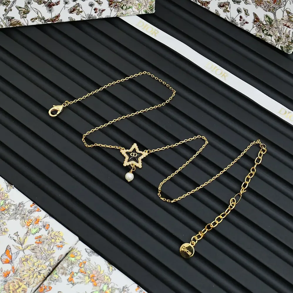 Dior Petit CD Lucky Baroque Necklace Gold-Finish Metal with White Resin Pearls and Deep Ocean Blue Glass for Women Dior Petit CD Lucky Baroque Necklace Gold-Finish Metal with White Resin Pearls and Deep Ocean Blue Glass for Women