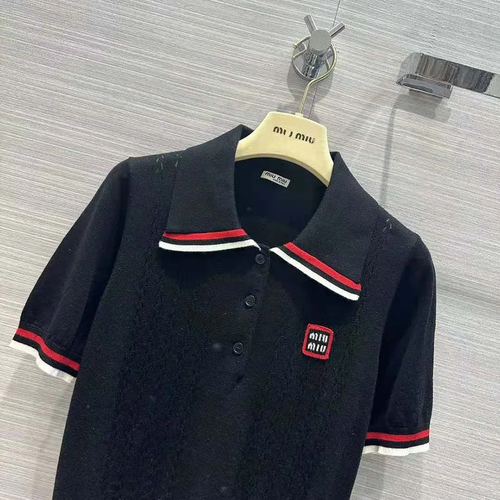 Miu Miu Cropped Silk and Cotton Polo Shirt for Women in Navy Miu Miu Cropped Silk and Cotton Polo Shirt for Women in Navy