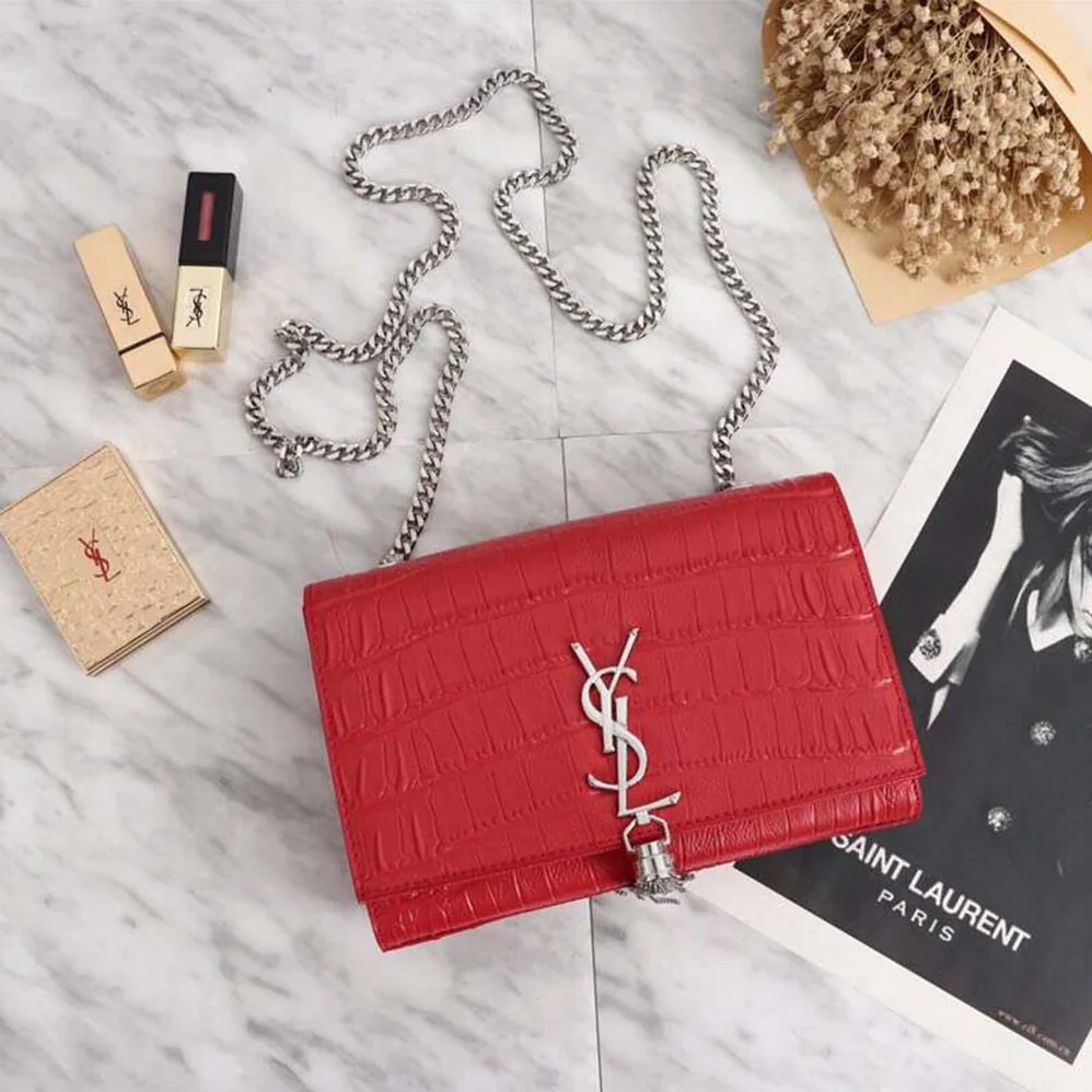 Saint Laurent YSL Kate Small Tassel Embossed Crocodile Shiny Calfskin for Women in Red Saint Laurent YSL Kate Small Tassel Embossed Crocodile Shiny Calfskin for Women in Red