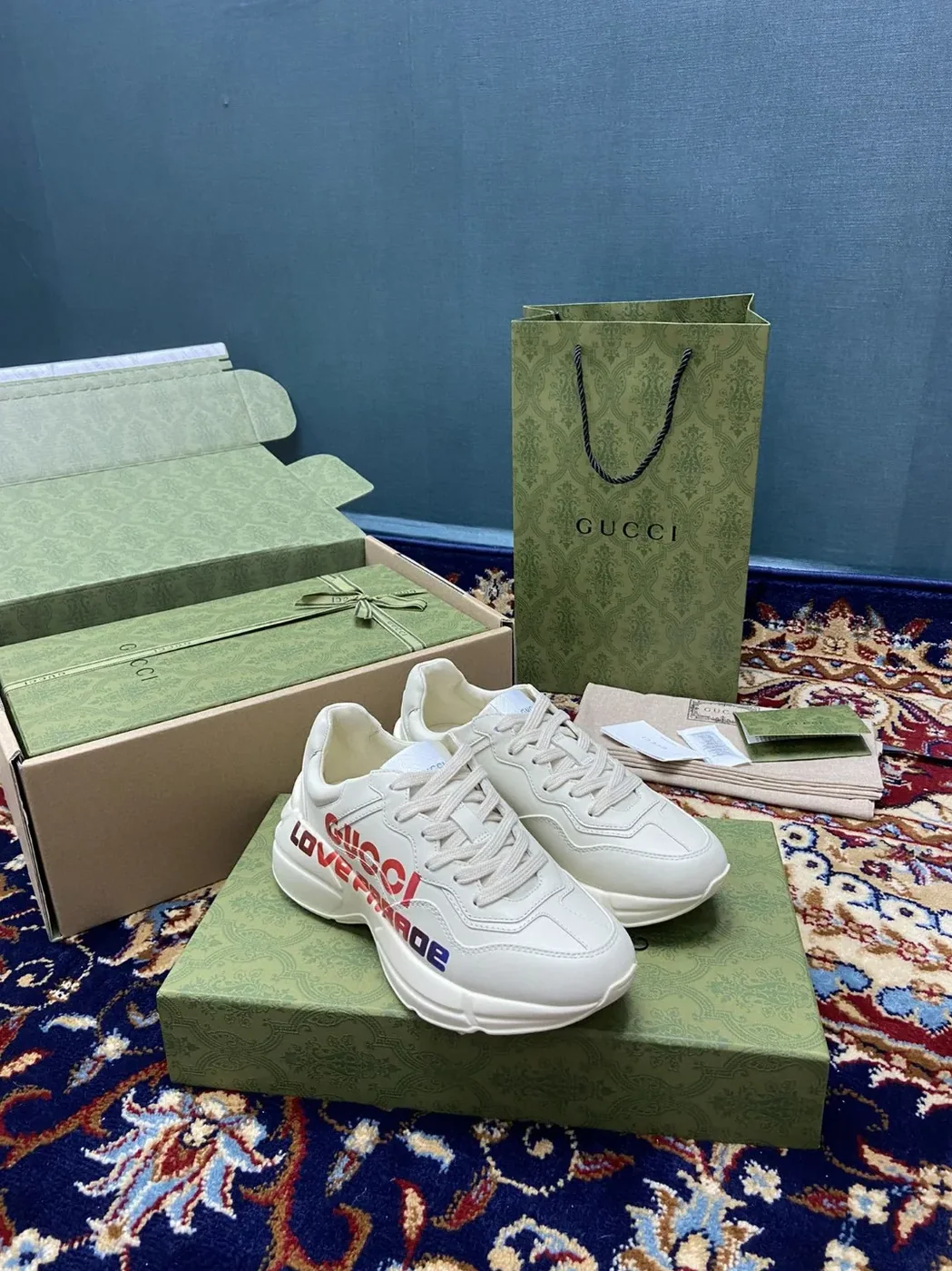 Gucci Rhyton Sneakers With Gucci Love Parade Red White Ivory for Men Gucci Rhyton Sneakers With Gucci Love Parade Red White Ivory for Men