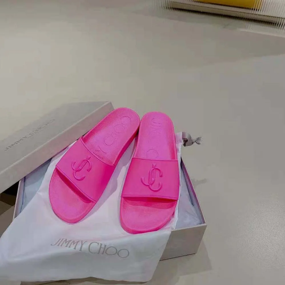 Jimmy Choo Port/F Neon Pink Rubber Slides with JC Monogram for Women Jimmy Choo Port/F Neon Pink Rubber Slides with JC Monogram for Women