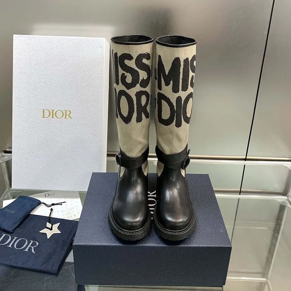 Dior D-Major Boot Warm Taupe Technical Canvas with Black Miss Dior Graffiti Print for Women Dior D-Major Boot Warm Taupe Technical Canvas with Black Miss Dior Graffiti Print for Women
