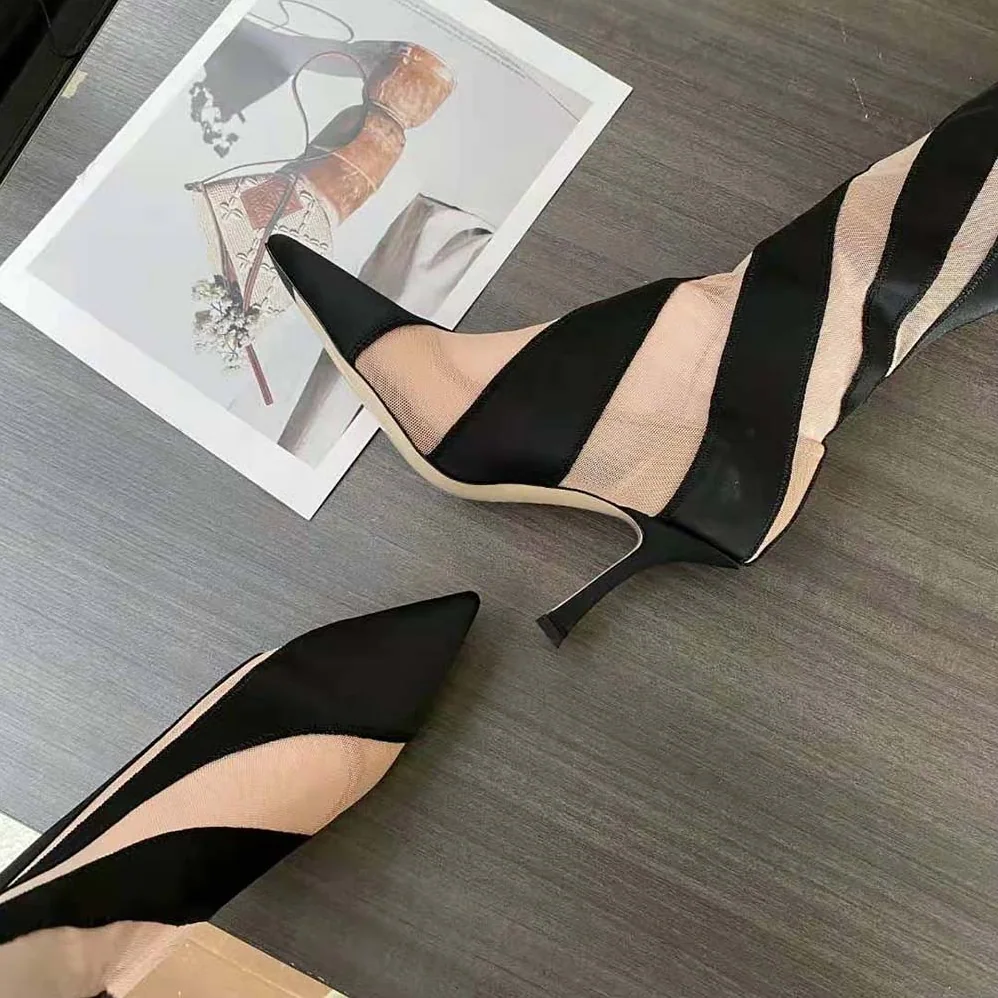 Jimmy Choo Mugler Sock OTK Boot Black and Nude Sheer Spiral Stretch Fabric Sock Over-The for Women in Knee Boots Jimmy Choo Mugler Sock OTK Boot Black and Nude Sheer Spiral Stretch Fabric Sock Over-The for Women in Knee Boots