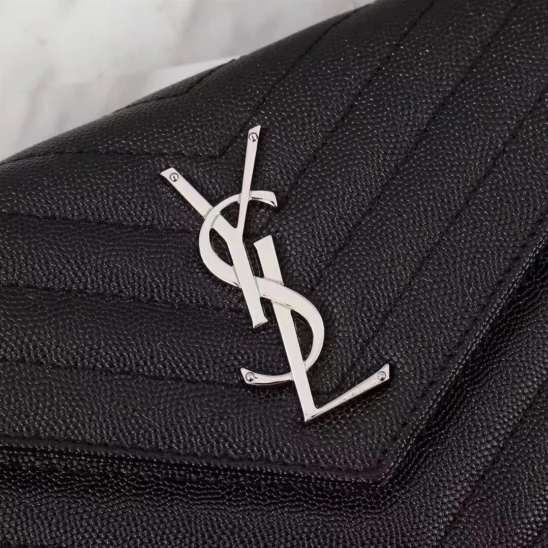 Saint Laurent YSL Medium Monogram Envelope Chain Wallet Silver Hardware in Black Saint Laurent YSL Medium Monogram Envelope Chain Wallet Silver Hardware in Black