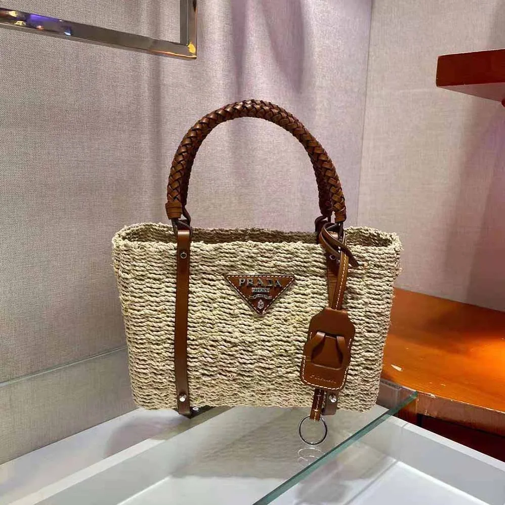 Prada Corn Husk and Leather Tote for Women Prada Corn Husk and Leather Tote for Women