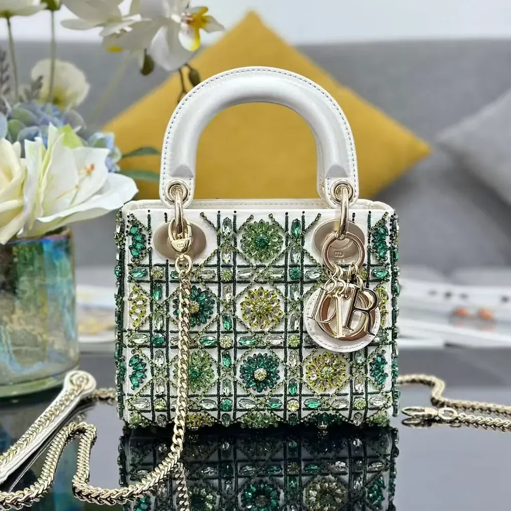 Dior Small Lady Dior Bag Metallic Calfskin and Satin with Celestial Green Bead Embroidery for Women Dior Small Lady Dior Bag Metallic Calfskin and Satin with Celestial Green Bead Embroidery for Women