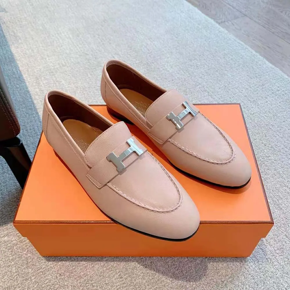 Hermes Paris Loafer in Goatskin with Palladium-Plated Signature “H” Detail for Women in Pink Hermes Paris Loafer in Goatskin with Palladium-Plated Signature “H” Detail for Women in Pink