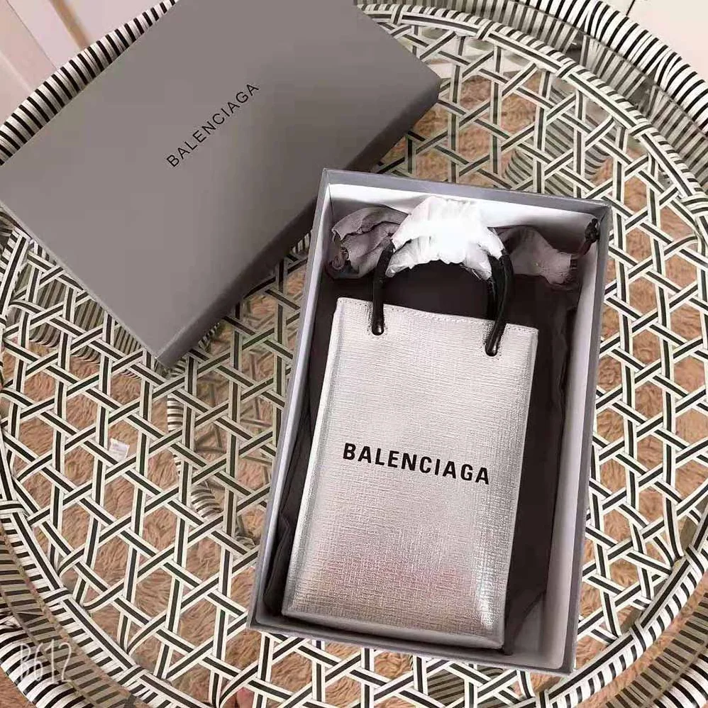 Balenciaga Shopping Phone Holder Shopping Phone Holder in Silver Metallized Squared Calfskin for Unisex