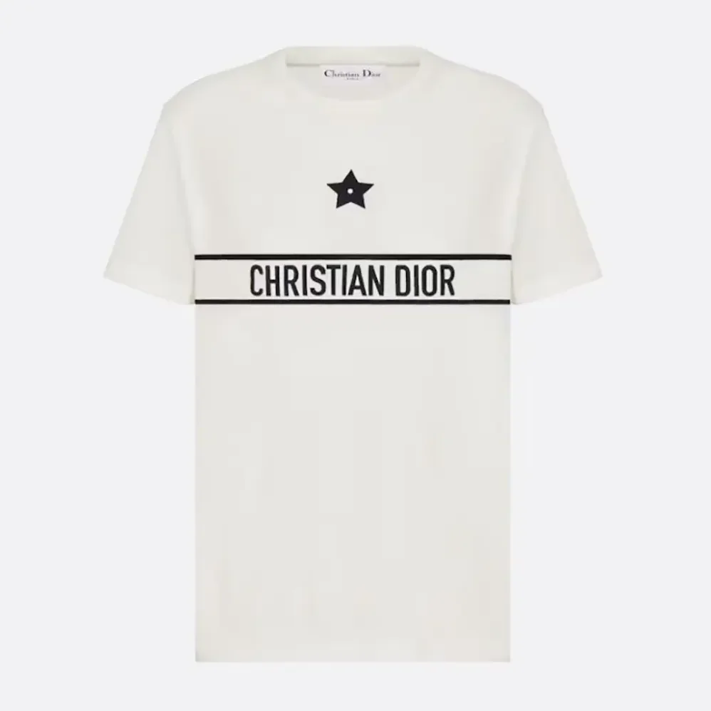 Dior T-Shirt White Cotton Jersey with Signature for Women