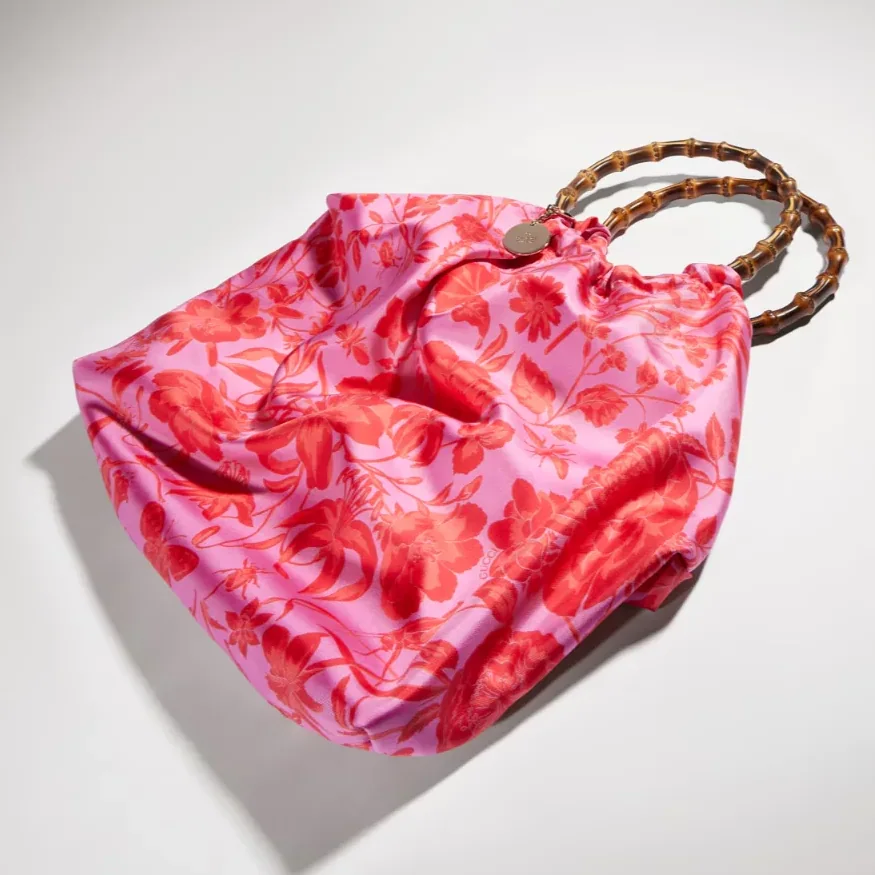 Gucci Silk Maxi With Bamboo Handle Tote Bag in Fuchsia/ Multicolor Gold Hardware Gucci Silk Maxi With Bamboo Handle Tote Bag in Fuchsia/ Multicolor Gold Hardware