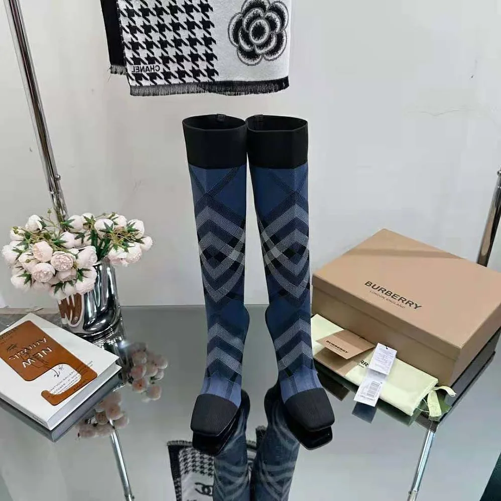 Burberry Knitted Check Sock Boots for Women in Blue Burberry Knitted Check Sock Boots for Women in Blue