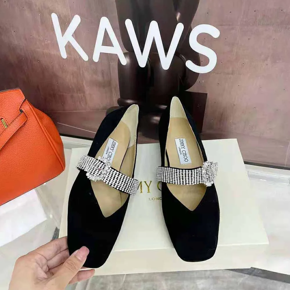 Jimmy Choo Krista Flat Black Suede Flats with Crystal for Women in Embellished Strap