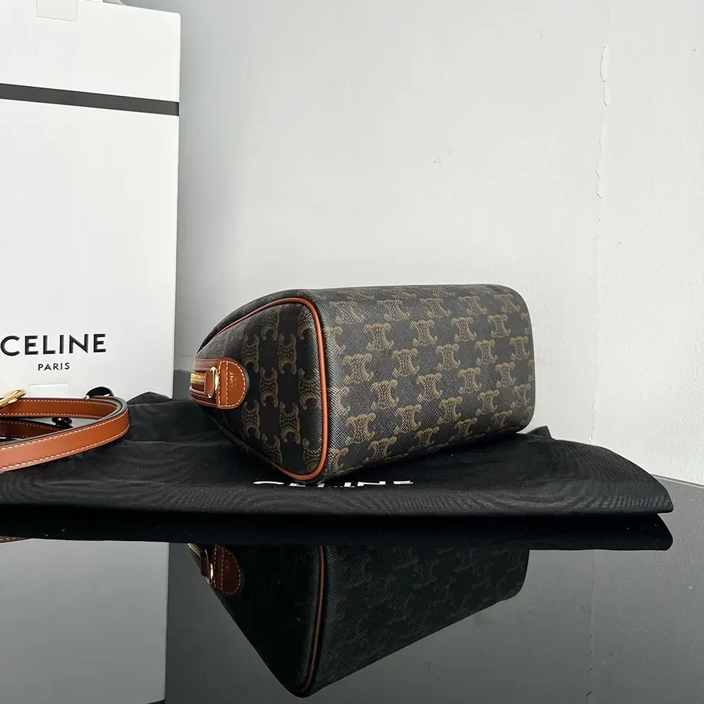 Celine Small Boston in Triomphe Canvas and Calfskin for Women in Tan