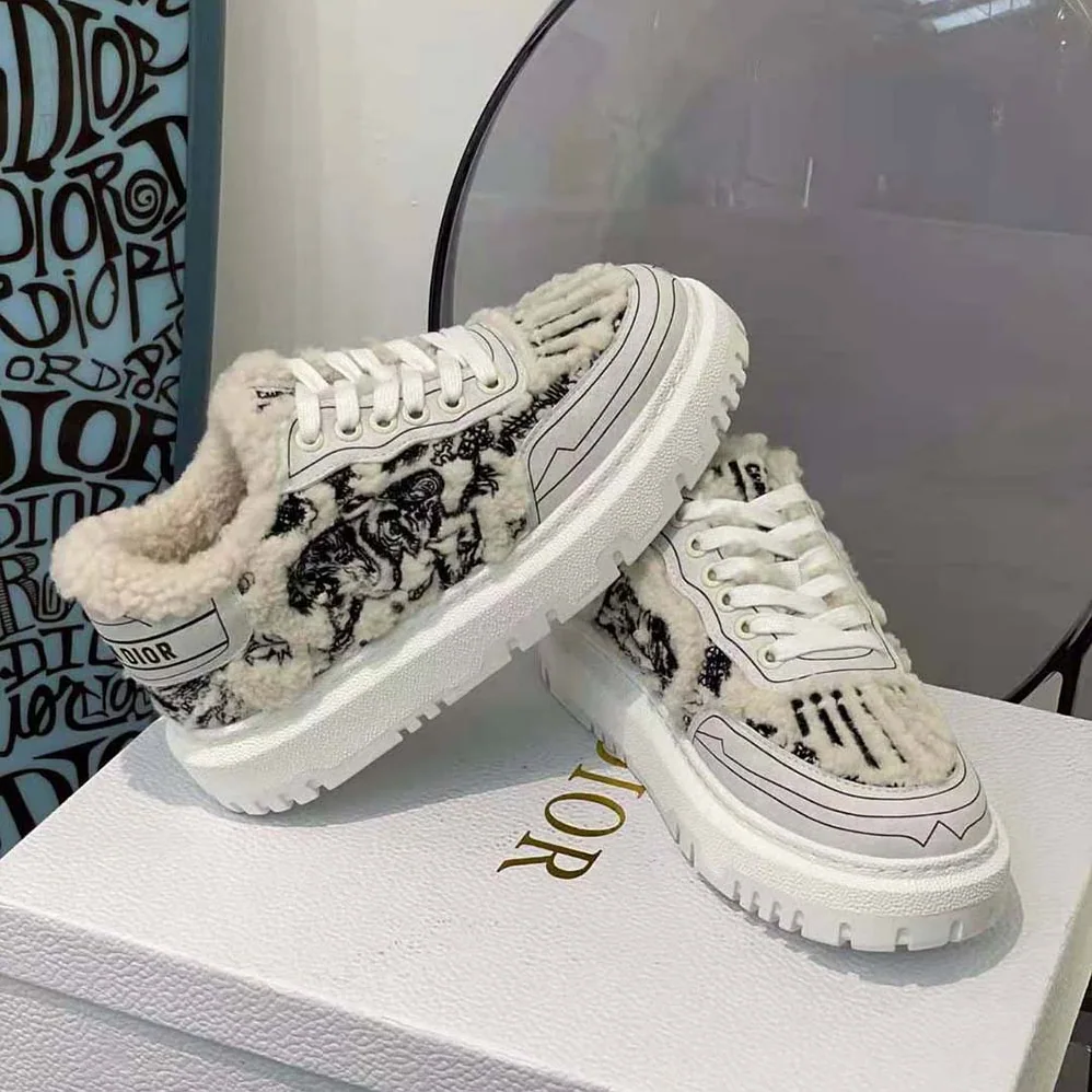 Dior Addict Sneaker Blue Toile de Jouy Embroidered Natural Shearling for Women