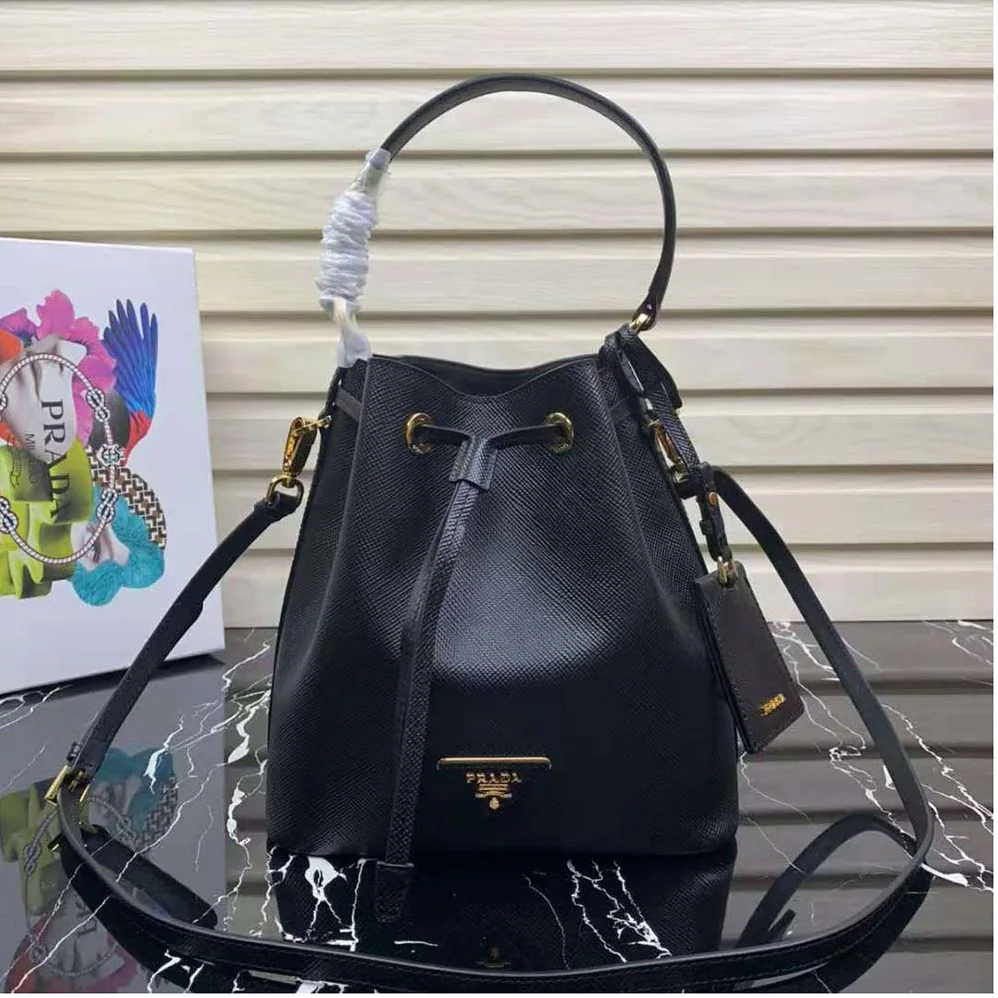 Prada Saffiano Leather Bucket Bag for Women in Black