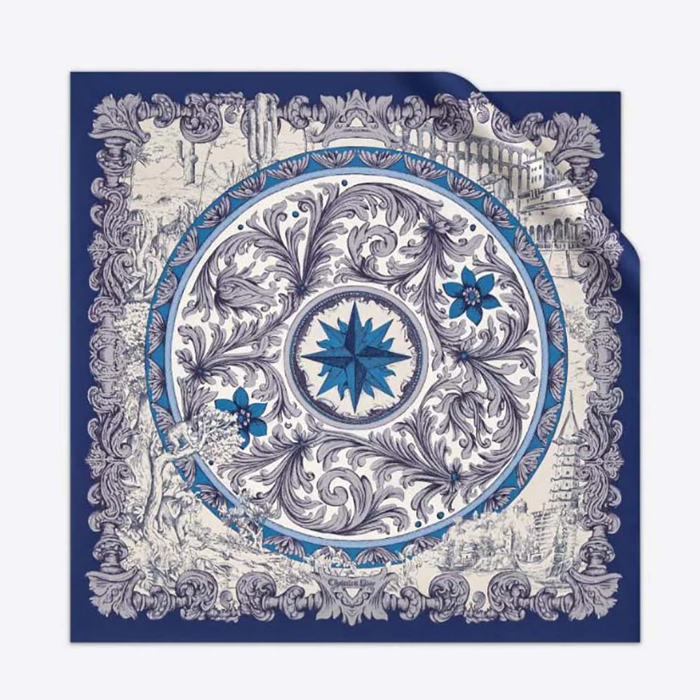 Dior Rose Des Vents 90 Square Scarf Royal Blue and White Silk Twill for Women