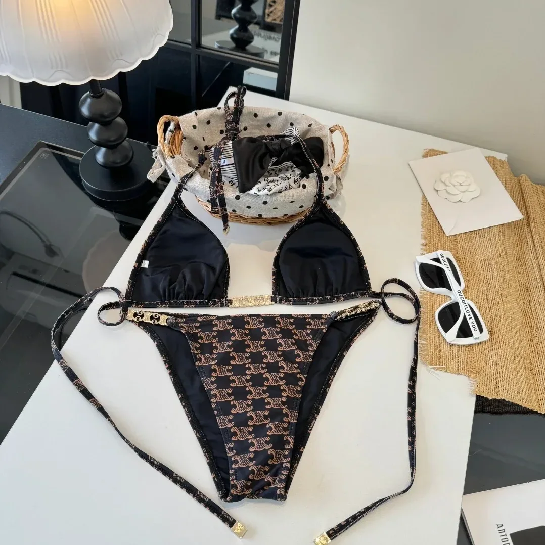 Celine Triomphe Monogram Triangle Bikini Black in Gold Celine Triomphe Monogram Triangle Bikini Black in Gold