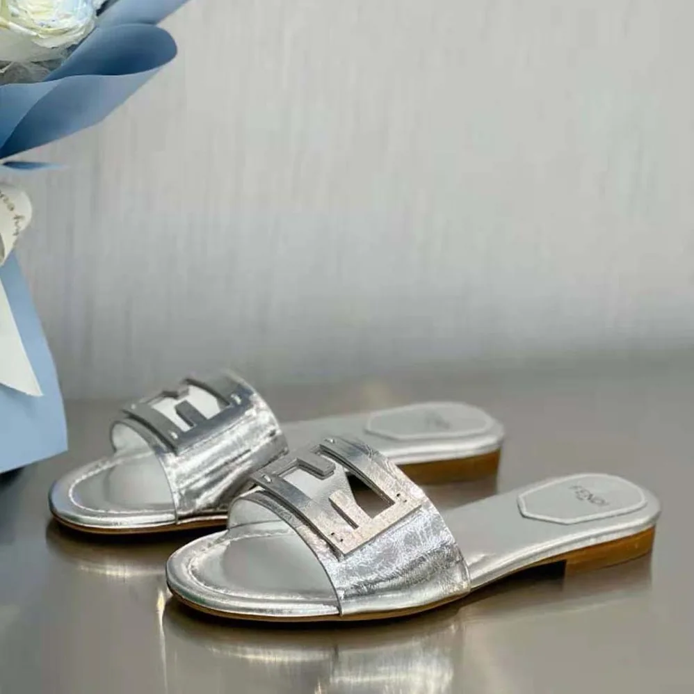 Fendi Baguette Silver Nappa Leather Slides for Women Fendi Baguette Silver Nappa Leather Slides for Women