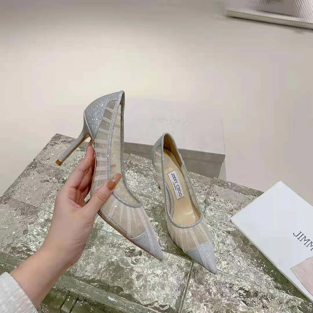 Jimmy Choo Love 100 Metallic Silver Glitter Fabric Pumps with Ivory Tulle Overlay for Women Jimmy Choo Love 100 Metallic Silver Glitter Fabric Pumps with Ivory Tulle Overlay for Women