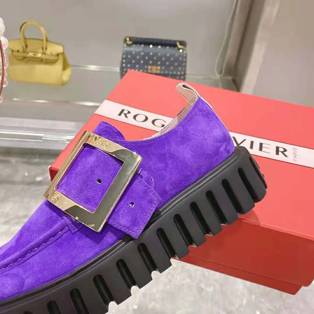 Roger Vivier Viv' Go-Thick Metal Buckle Loafers in Suede for Women Roger Vivier Viv' Go-Thick Metal Buckle Loafers in Suede for Women