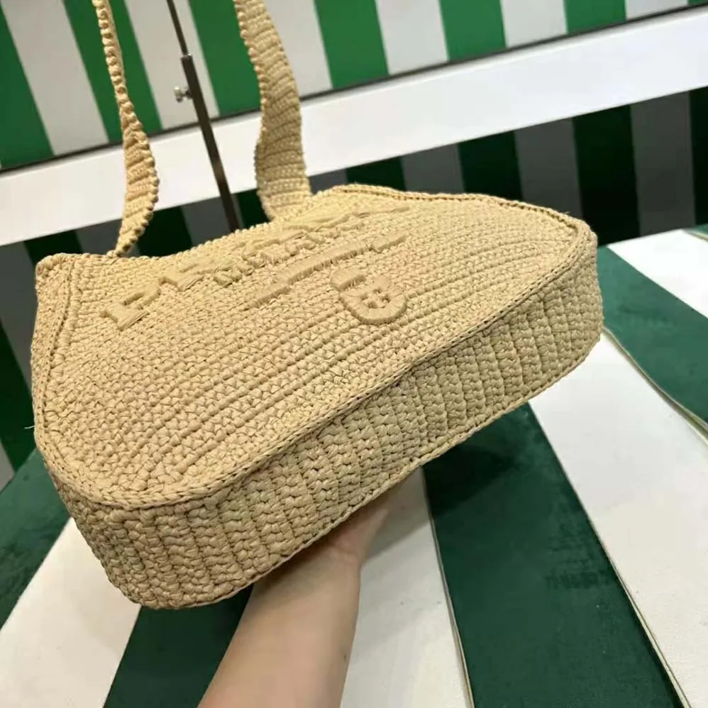 Prada Crochet Tote Bag with Embroidered Lettering Logo for Women in Natural Prada Crochet Tote Bag with Embroidered Lettering Logo for Women in Natural
