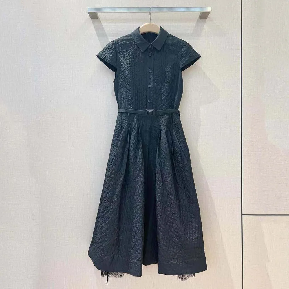 Dior Dress with Belt Black Cloqué Technical Fabric for Women