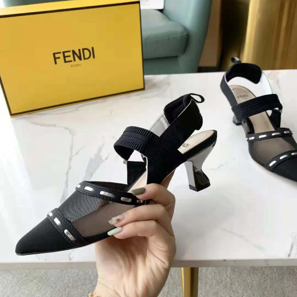 Fendi Colibri Black Mesh Medium-Heel Slingbacks with Metal Stitches for Women