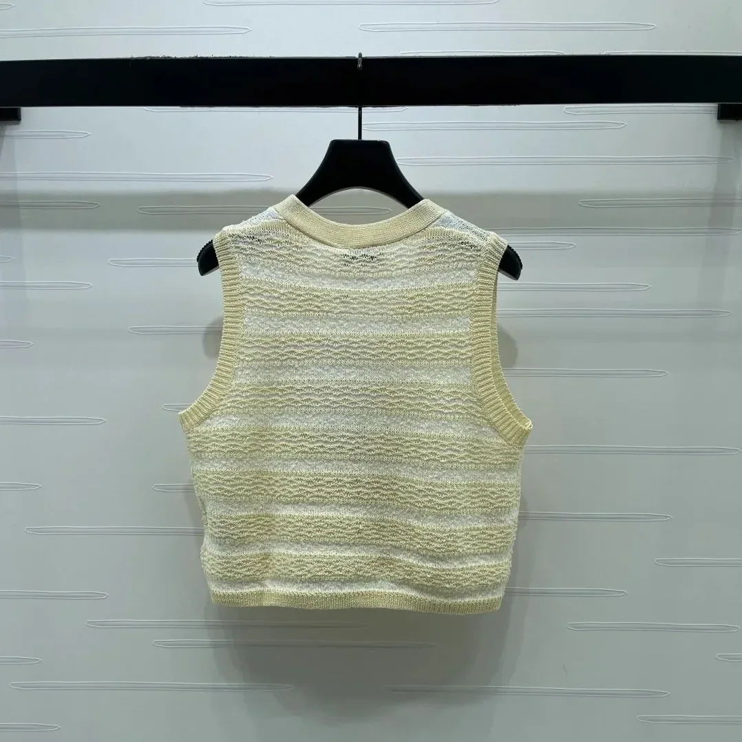 Chanel Striped Pointelle Sleeveless Top With Camellia Buttons Light Yellow