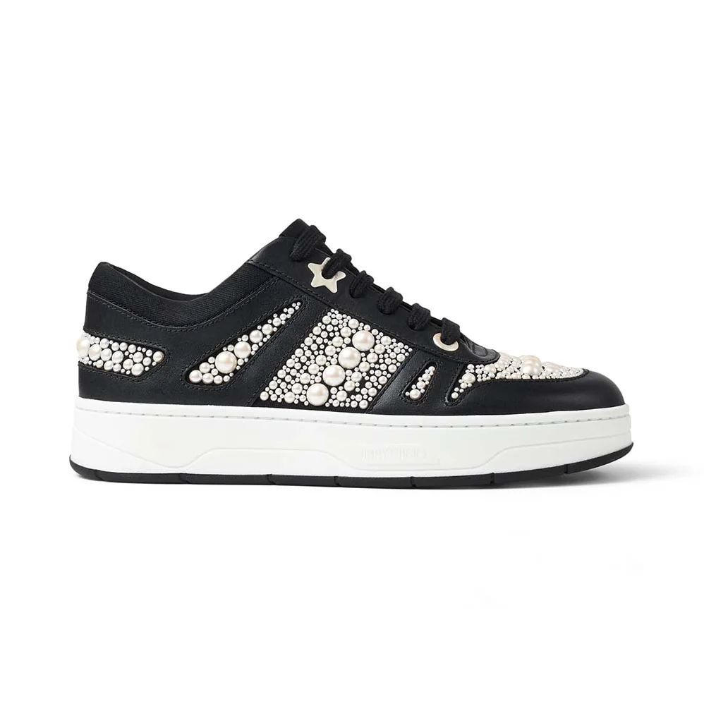 Jimmy Choo Hawaii/F Black Calf Leather and Canvas Low Top Trainers for Women