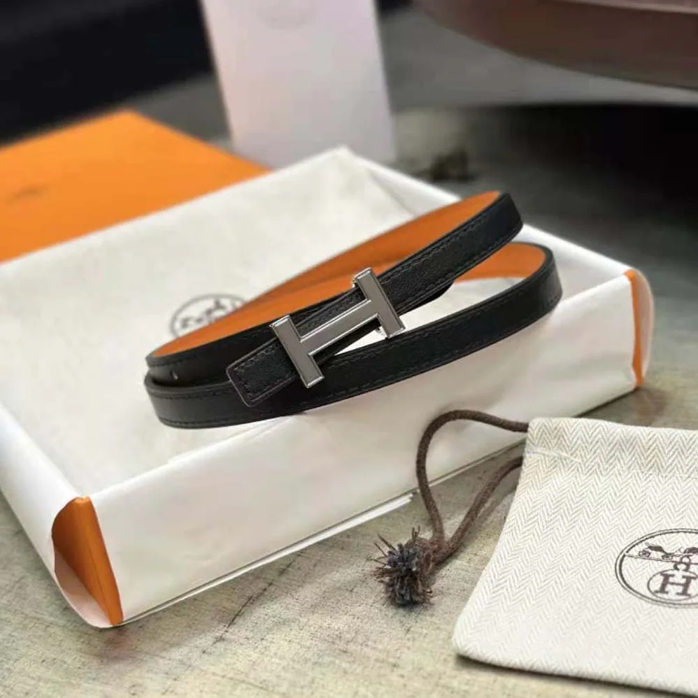 Hermes Focus Belt Buckle & Reversible Leather Strap 13 mm for Women in Silver/Orange