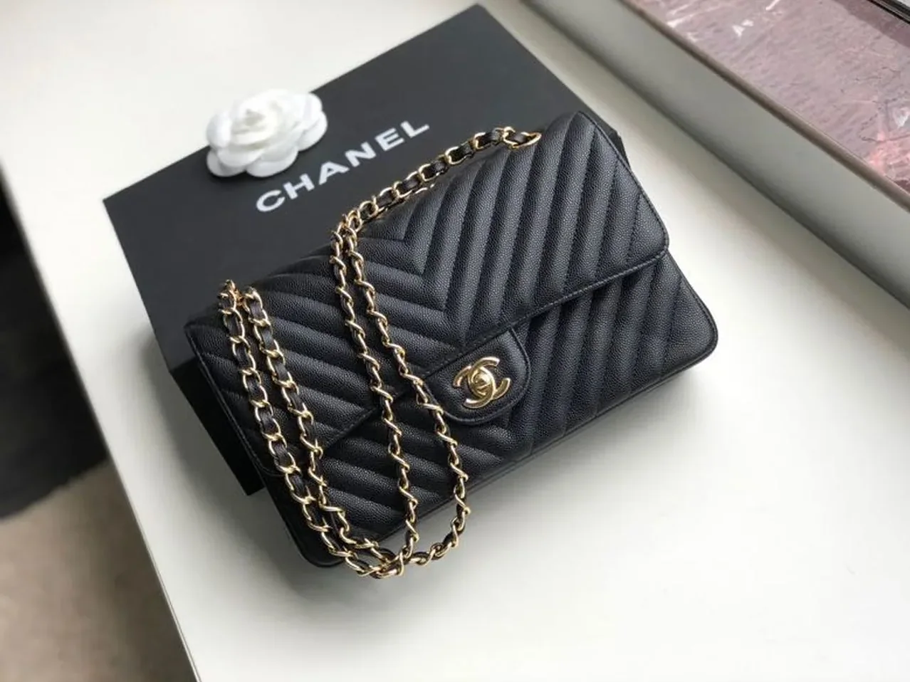 Chanel Chevron Classic Flap Medium Crossbody Bag in Black Gold Toned Hardware