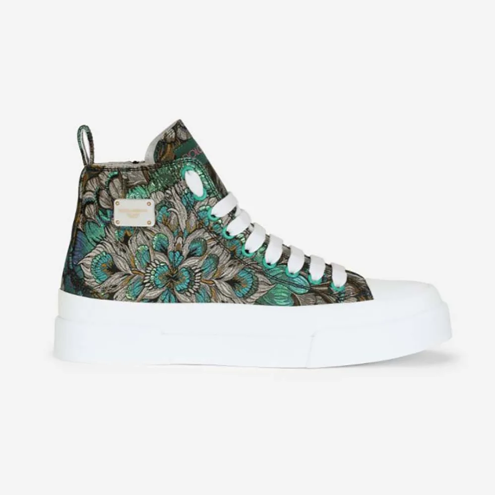 Dolce Gabbana D&G Brocade Portofino Light High-Top Sneakers with Logo Plate for Women
