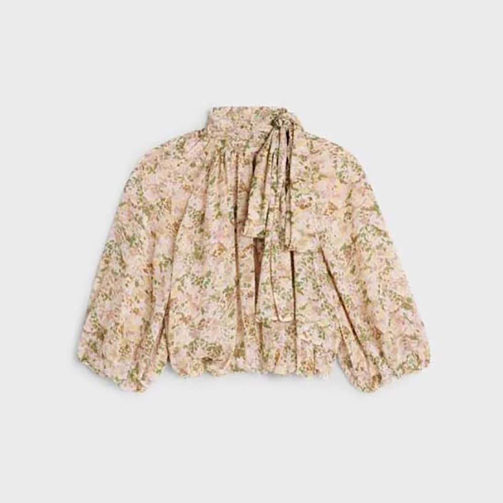 Celine Puffed Lavallière Top in Silk Crepon for Women in Beige Celine Puffed Lavallière Top in Silk Crepon for Women in Beige